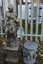 A COMPOSITE GARDEN WATER FEATURE, of a lady carrying a baby, on a separate plinth, height 125cm x