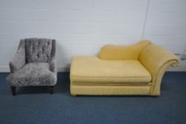 A YELLOW FLORAL UPHOLSTERED CHAISE LOUNGE/SOFA BED, length 172cm x depth 81cm x height 81cm, along
