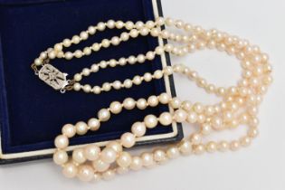 A DOUBLE ROW CULTURED PEARL NECKLACE, double strand of graduated individually knotted cultured