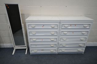 TWO MODERN CHEST OF FIVE DRAWERS, width 77cm x depth 42cm x height 104cm, along with a cheval mirror
