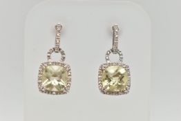 A PAIR OF 9CT WHITE GOLD CITRINE AND DIAMOND DROP EARRINGS, each earring set with a square cut