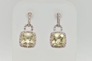 A PAIR OF 9CT WHITE GOLD CITRINE AND DIAMOND DROP EARRINGS, each earring set with a square cut