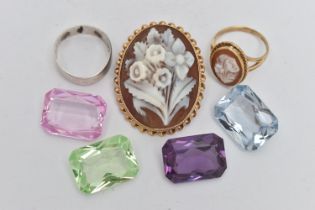 A 9CT GOLD CAMEO BROOCH PENDANT AND RING WITH A SMALL ASSORTMENT OF GEMSTONES AND WHITE METAL