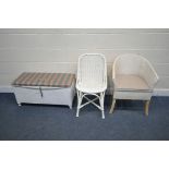 THREE PIECES OF WHITE WICKER ITEMS, to include a commode armchair, another chair, a linen box and an