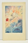 A 20TH CENTURY WATERCOLOUR SKETCH, depicting horses pulling a chariot above clouds, indistinctly