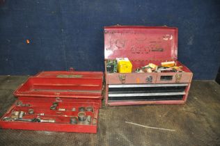 A VINTAGE BRITOOL AND HALFORDS PROFESSIONAL TOOLBOXES containing automotive tools including sockets,