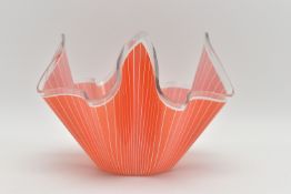 A VINTAGE CHANCE GLASS HANDKERCHIEF VASE, orange and white striped decoration, with original gold