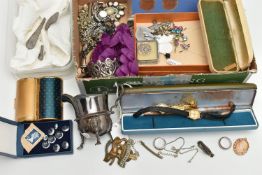 A BOX OF ASSORTED ITEMS, to include a shell cameo pendant, set in a yellow metal mount, stamped 375,
