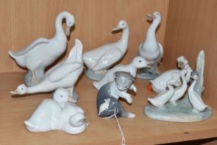A LLADRO CAT FIGURE AND EIGHT NAO DUCK FIGURES, to include Lladro Cat and Mouse, model no 5236,