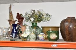 CERAMIC AND GLASS VASES, BOWLS AND STORAGE JARS ETC, to include hand painted Denby vases, glass