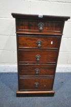 A 19TH CENTURY MAHOGANY CHEST OF FIVE DRAWERS, width 46cm x depth 52cm x height 90cm (condition