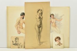 FIVE 20TH CENTURY FIGURATIVE SKETCHES, comprising an unsigned charcoal nude female figure study,