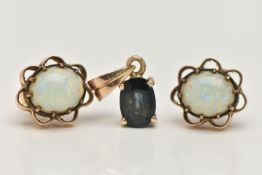 A PAIR OF EARRINGS AND A PENDANT, the stud earrings each designed as an oval opal cabochon within