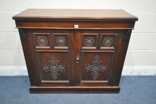 A 19TH CENTURY MAHOGANY CHIFFONIER BASE, the double panelled doors with floral carving, length 102cm