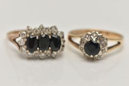 TWO 9CT GOLD SAPPHIRE DRESS RINGS, the first designed as a circular sapphire within a single cut
