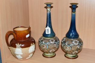 A PAIR OF DOULTON LAMBETH SLATER'S PATENT VASES AND A DOULTON LAMBETH HARVEST JUG, each vase with