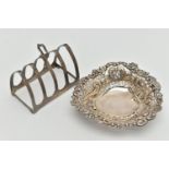 A LATE VICTORIAN SILVER DISH AND A TOAST RACK, the heart shape bonbon dish with scrolling decoration