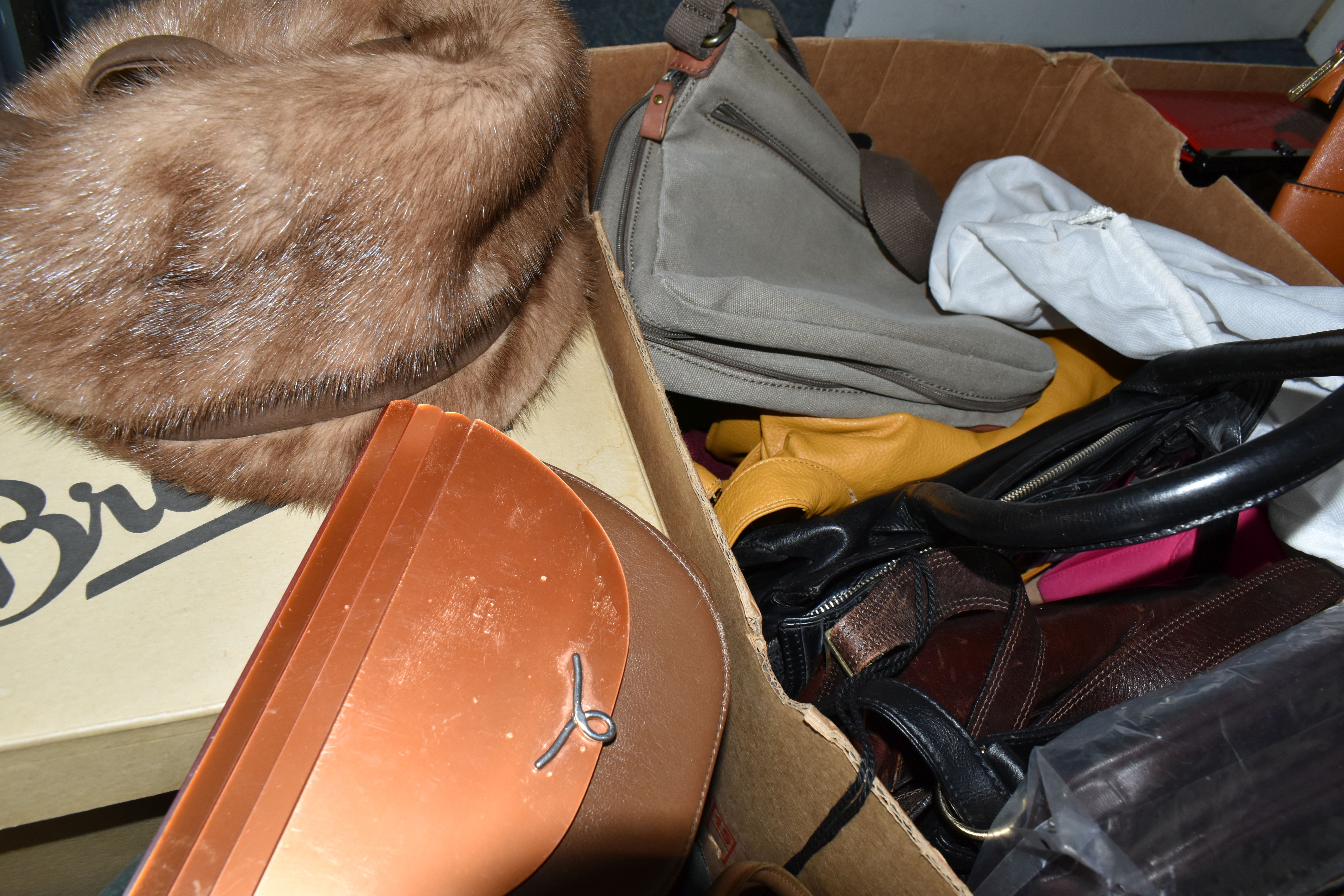 FOUR BOXES OF HANDBAGS AND HATS, over thirty hand bags, maker's names include Tule, Liz - Image 7 of 7