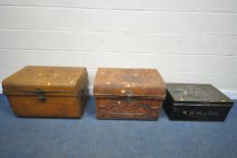 THREE VARIOUS VINTAGE TRUNKS, to include two traveling trunks, one with beaten patterns and multiple