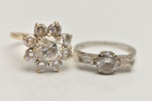 TWO 9CT GOLD CUBIC ZIRCONIA SET RINGS, the first a circular cluster design, the second a three stone