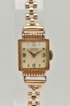A LADYS 9CT GOLD 'RAMEX' WRISTWATCH, manual wind, square silver dial signed 'Ramex Ancre 17