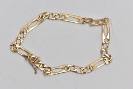 A 9CT GOLD BRACELET, fancy figaro style link bracelet, fitted with an integrated box clasp, with