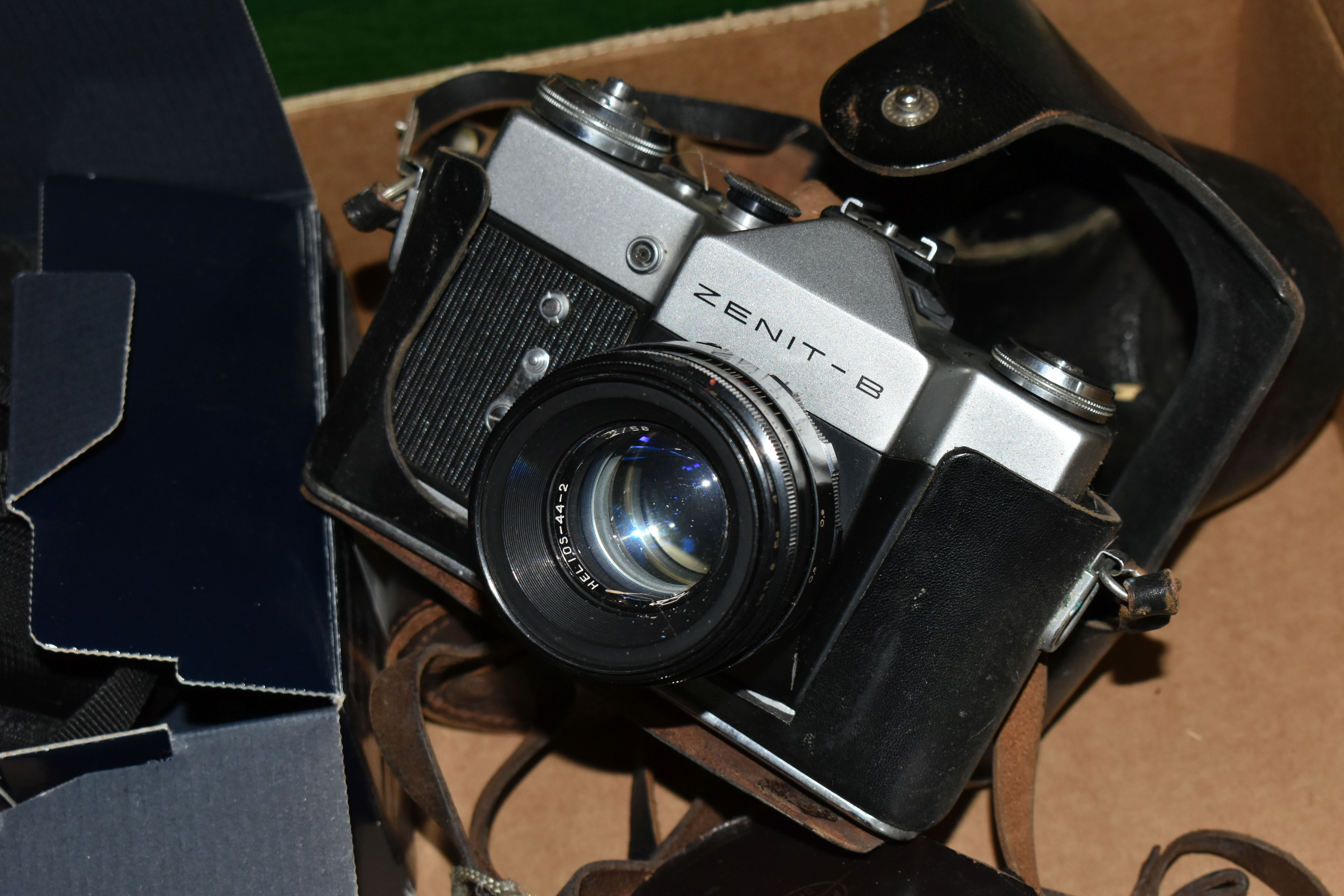 THREE BOXES AND LOOSE METAL WARES, CAMERAS AND SUNDRY ITEMS, to include a Zenit-B camera fitted with - Image 3 of 8