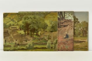 JOHN ALFRED HAGGIS (1897-1968) THREE LANDSCAPE OIL ON BOARD STUDIES, comprising a settlement with