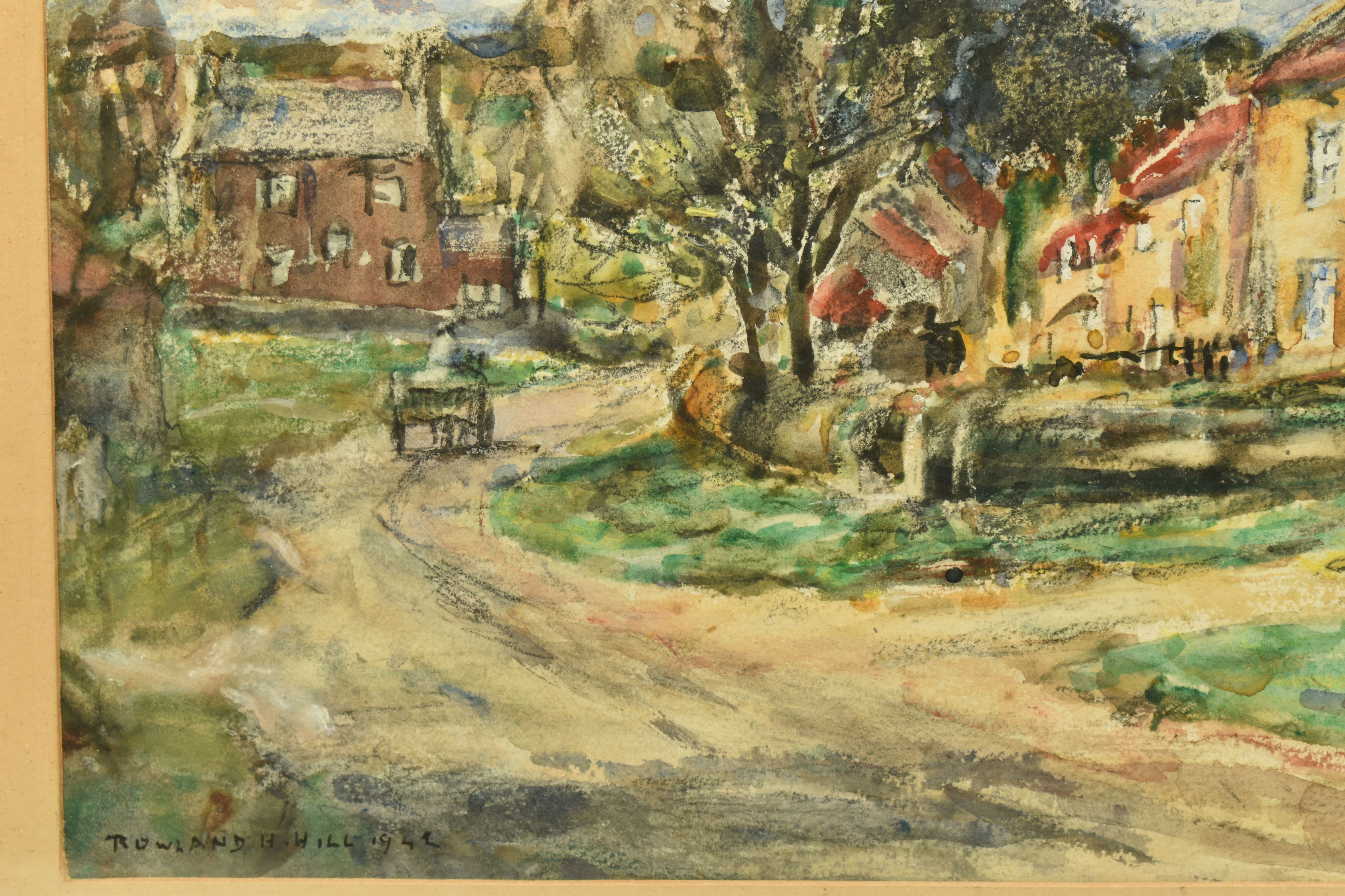 ROWLAND HENRY HILL (1873-1952) COTTAGES WITH HORSE AND CART, a village scene, probably in Yorkshire, - Image 3 of 4