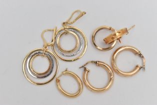 A SELECTION OF YELLOW METAL EARRINGS, to include a pair of 9ct gold hollow hoop earrings,