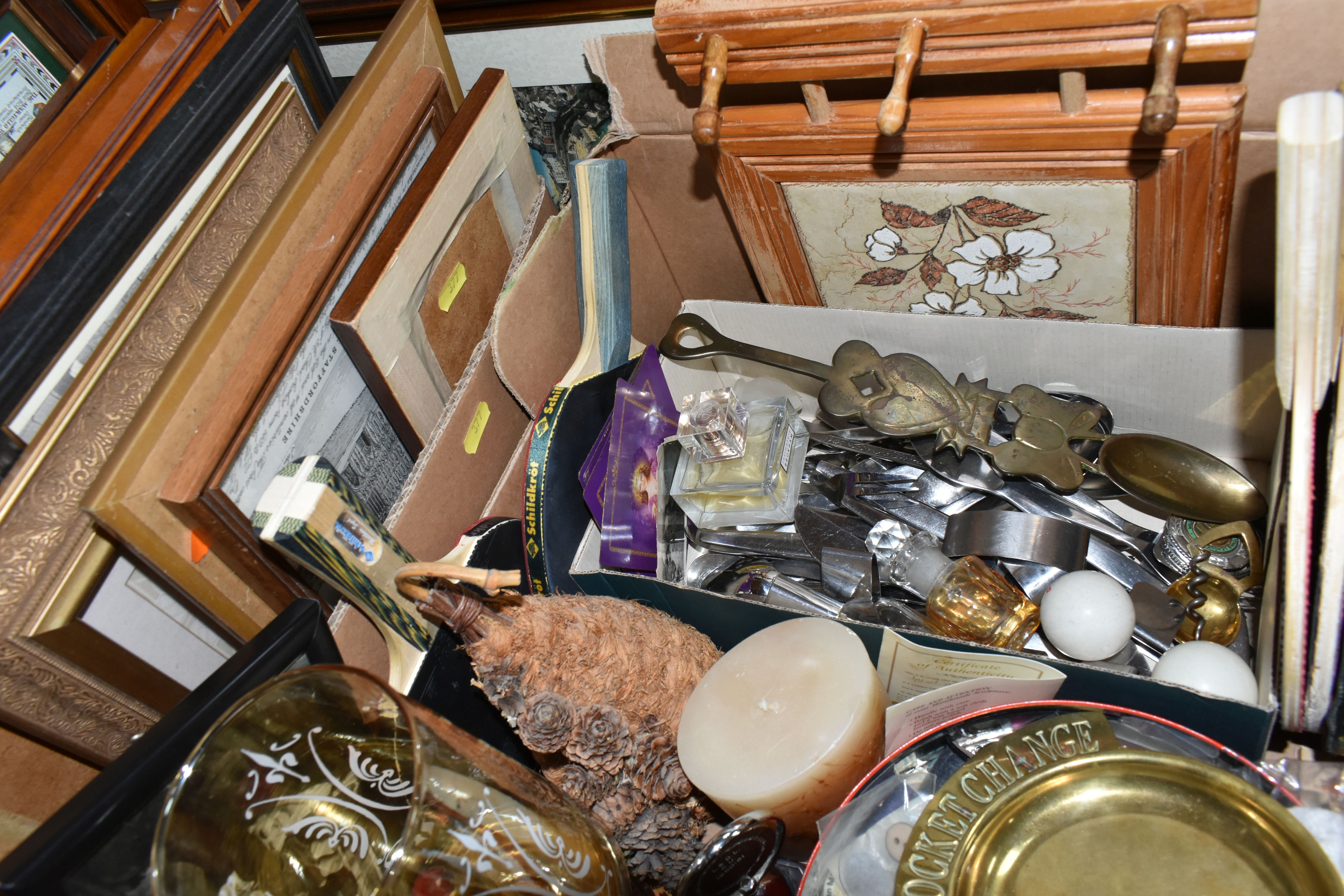 TWO BOXES AND LOOSE PICTURES, METALWARES, AND SUNDRY HOUSEHOLD ITEMS, to include three early - Image 4 of 4