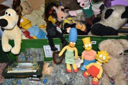 TWO BOXES OF SOFT TOYS PLASTIC DOLLS, PLASTIC 'THE SIMPSONS' CHARACTERS, ETC, including E.T.,