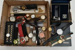 A BOX OF ASSORTED WRISTWATCHES, a selection of watches, names to include, Swatch, Disney, H