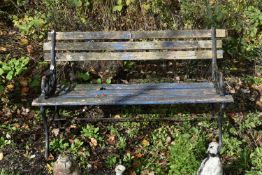 A WROUGHT IRON AND TEAK GARDEN BENCH, length 122cm (condition report: paint peeling, solid frame)