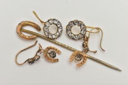 THREE ITEMS OF EARLY TO MID 20TH CENTURY JEWELLERY, to include a horse shoe stickpin, stick believed