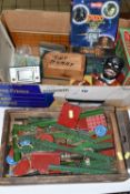 ONE BOX AND LOOSE VINTAGE GAMES AND TOYS, to include a wooden boxed set of 1950's Meccano, a boxed