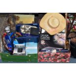 SIX BOXES AND LOOSE METALWARE, CUTLERY, HANDBAGS, HOUSEHOLD SUNDRIES, PHOTOGRAPH FRAMES AND