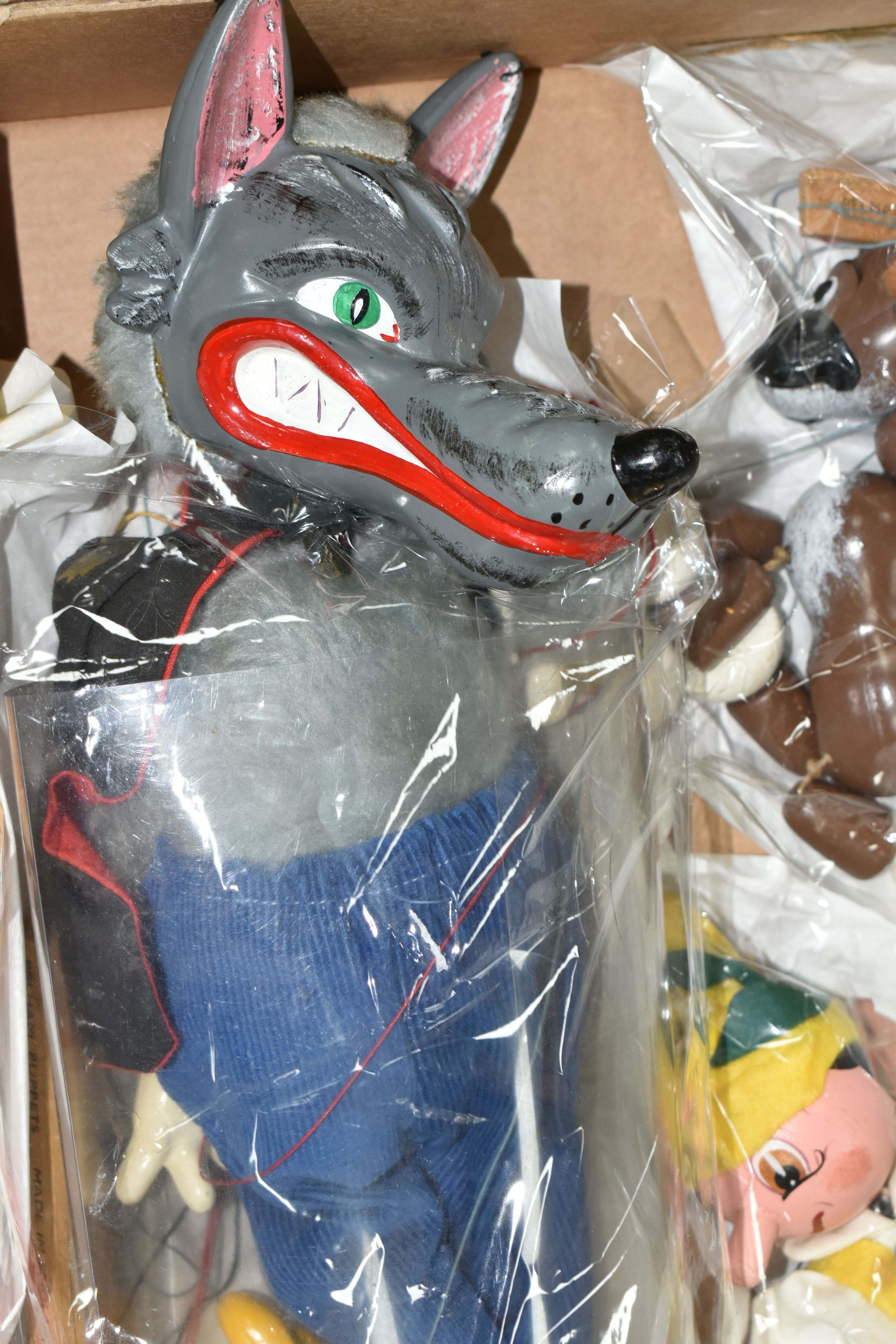 A BOX OF PELHAM PUPPETS, seven puppets comprising Cowboy, Dutch Girl, Wolf, Pinocchio, Bengo and two - Image 3 of 5