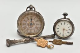 TWO POCKET WATCHES WITH KEYS AND A PROPELLING PENCIL CASE, to include a ladys white metal, open face