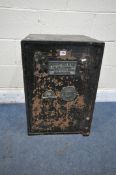 A VINTAGE BENT STEEL SAFE, with a plaque reading Lancashire fire and thief proof safe co Manchester,