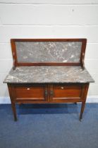AN EDWARDIAN MAHOGANY MARBLE TOP WASHSTAND, with a raised marble back, two doors, on square