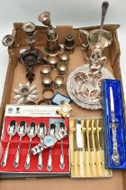 A BOX OF ASSORTED WHITE METAL, to include a boxed set of six 'Arthur Price' teaspoons, a boxed set