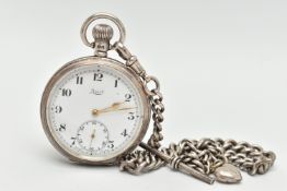 A SILVER OPEN FACE POCKET WATCH AND ALBERT CHAIN, manual wind, round white dial signed 'Limit',