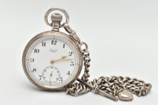 A SILVER OPEN FACE POCKET WATCH AND ALBERT CHAIN, manual wind, round white dial signed 'Limit',