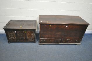 A GEORGIAN OAK COFFER, with a hinged lid and two drawers, width 124cm x depth 55cm x height 72cm,