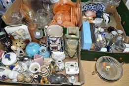 THREE BOXES AND LOOSE GLASSWARE, OWL AND OTHER ORNAMENTS, FRAGRANCE AND MAKE UP, EMPTY PERFUME