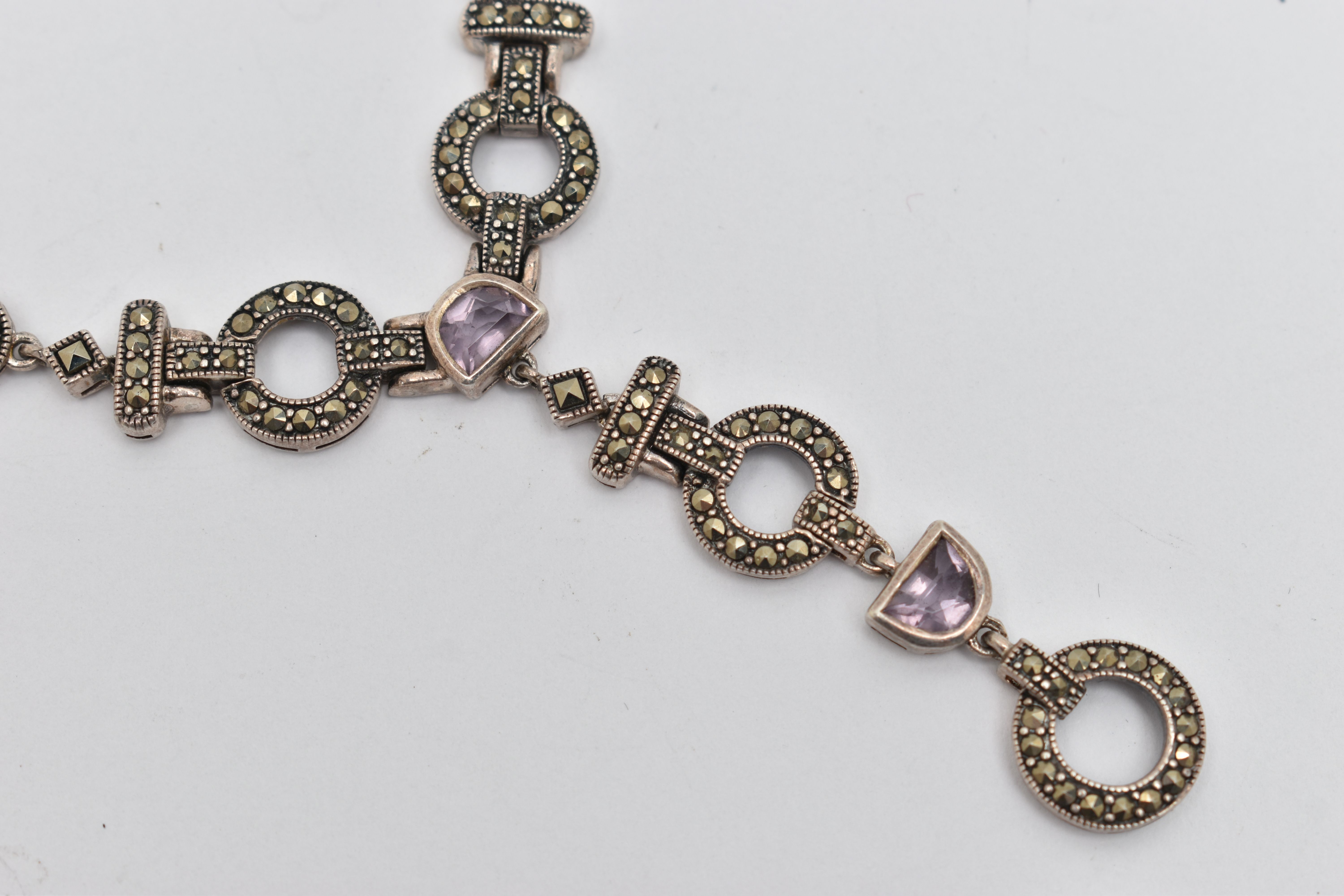 A MARCASITE AND AMETHYST NECKLACE, designed as circular, square and rectangular links joining at a - Image 2 of 5