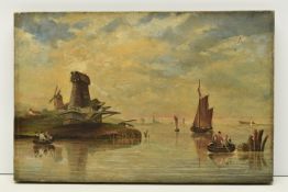 A LATE 19TH CENTURY CONTINENTAL RIVER SCENE, depicting figures in boats passing a windmill, unsigned
