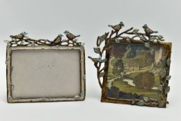 TWO MODERN DECORATIVE PHOTOGRAPH FRAMES, the enamelled metal frames adorned with birds in