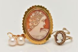 THREE ITEMS OF JEWELLERY, to include a 9ct gold cameo ring, with 9ct hallmark, ring size J, an
